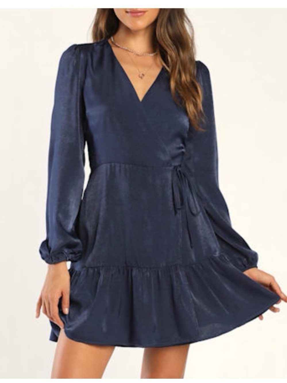 BNWT Lulus So Splendid Satin Long Sleeve Navy Blue Wrap Dress. Size Large